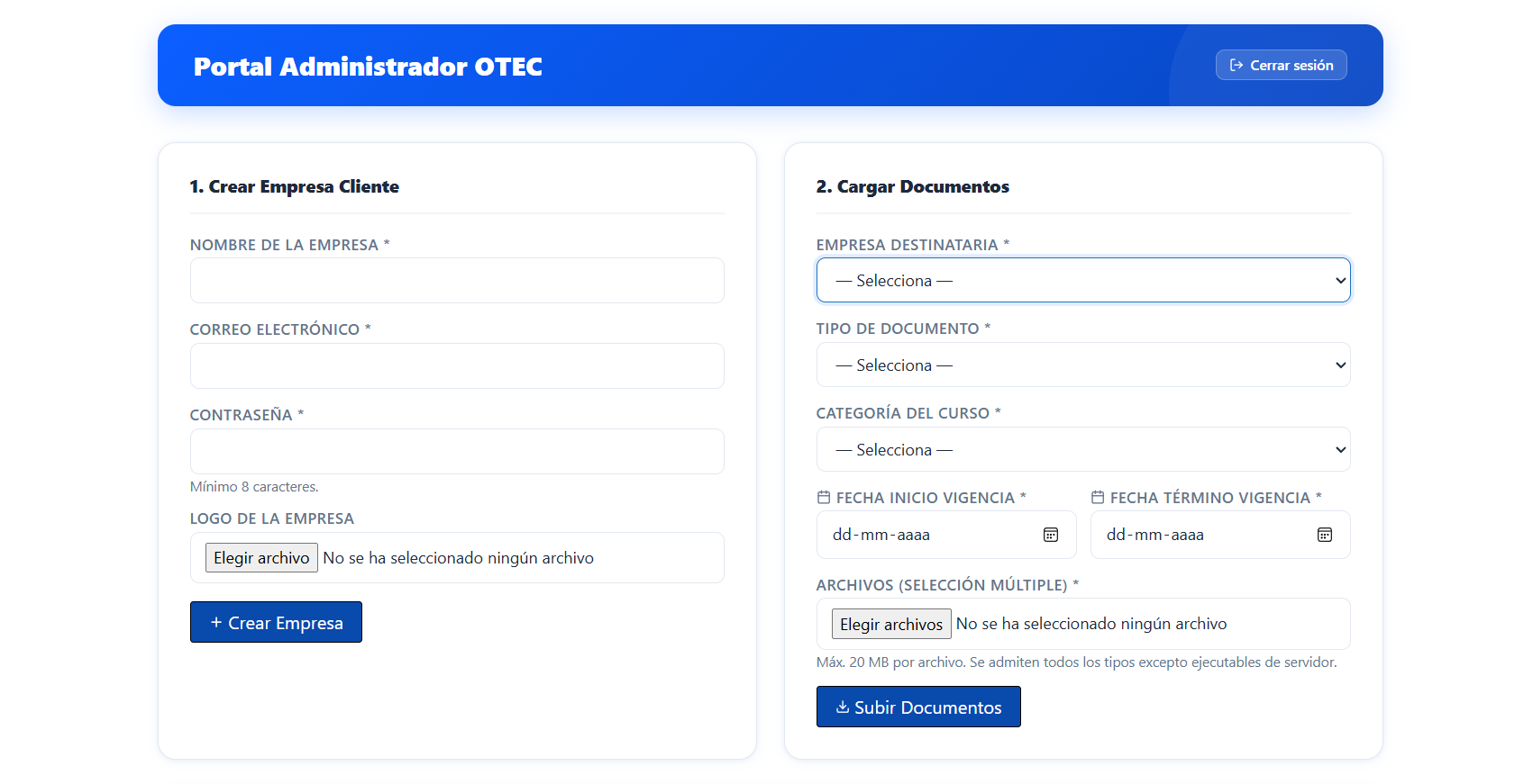 Panel Administrador CacepChile - Gestión completa de cursos, alumnos y empresas