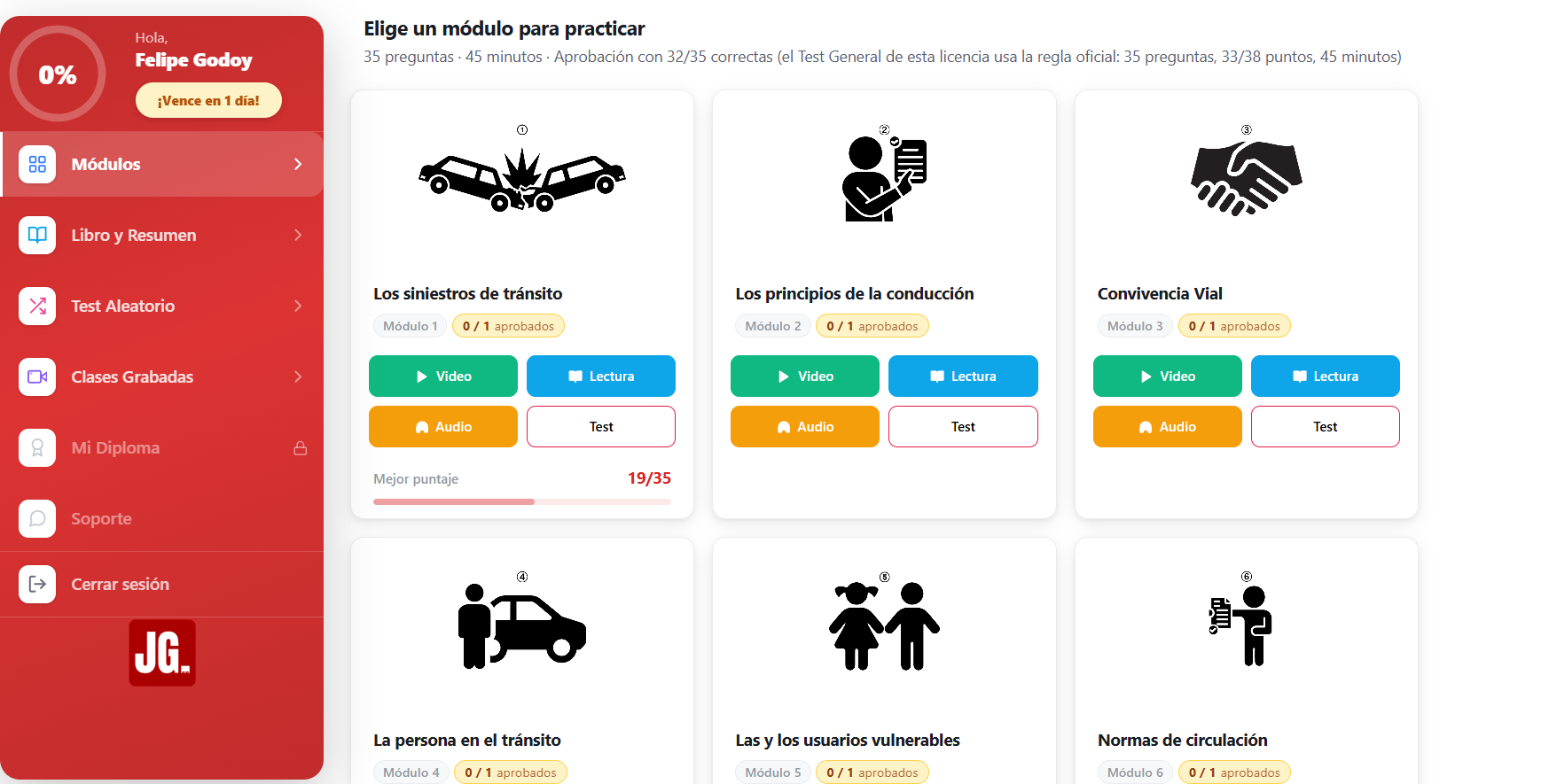 Módulos de estudio de la plataforma para escuelas de conductores