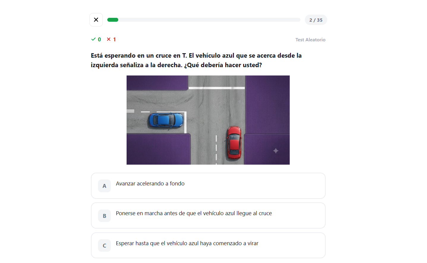 Pregunta de test con señalización de tránsito