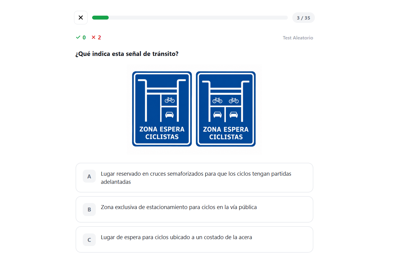Simulación de examen tipo test en la plataforma
