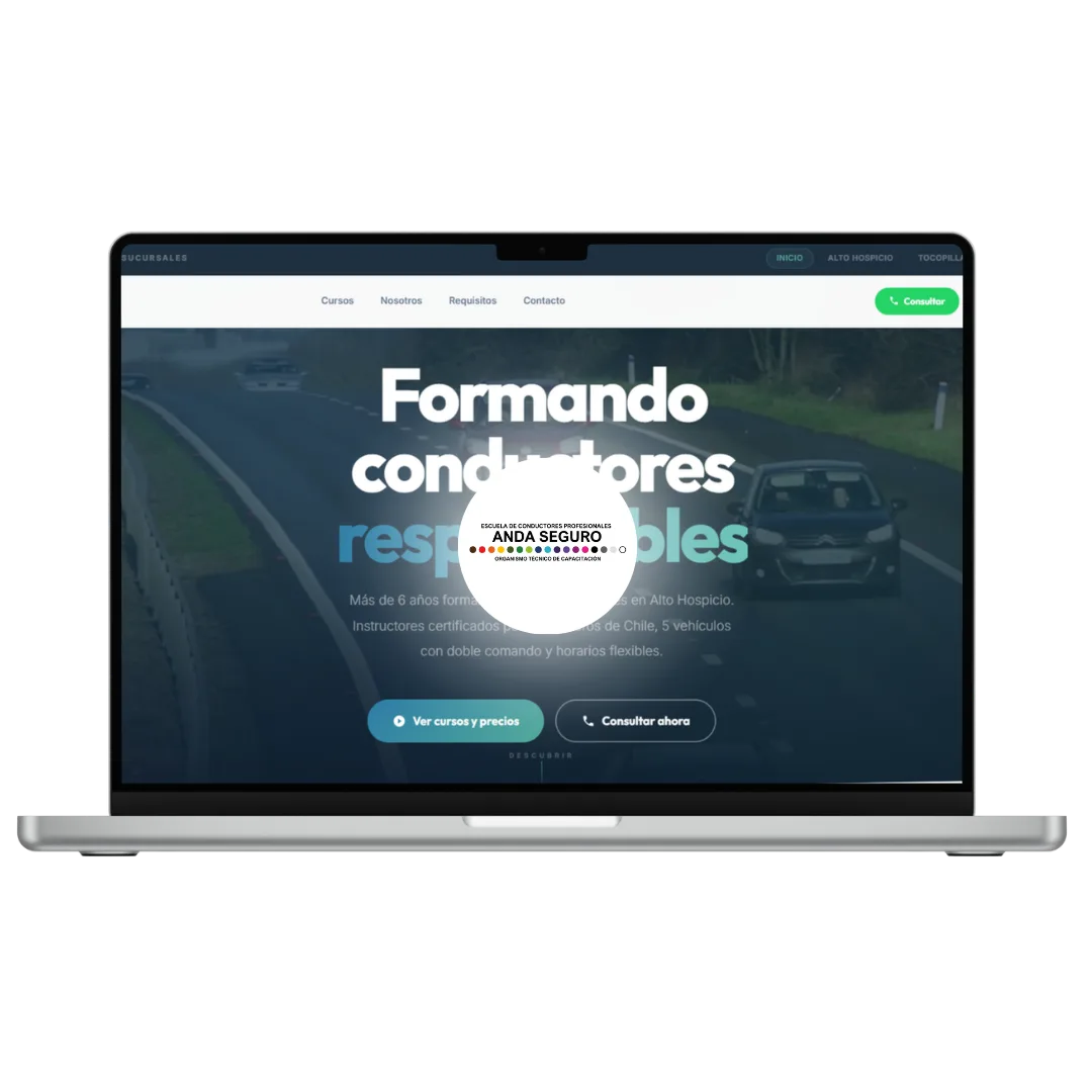 Sitio web Anda Seguro - Escuela de conductores profesionales en Alto Hospicio, diseñado por JG Visual